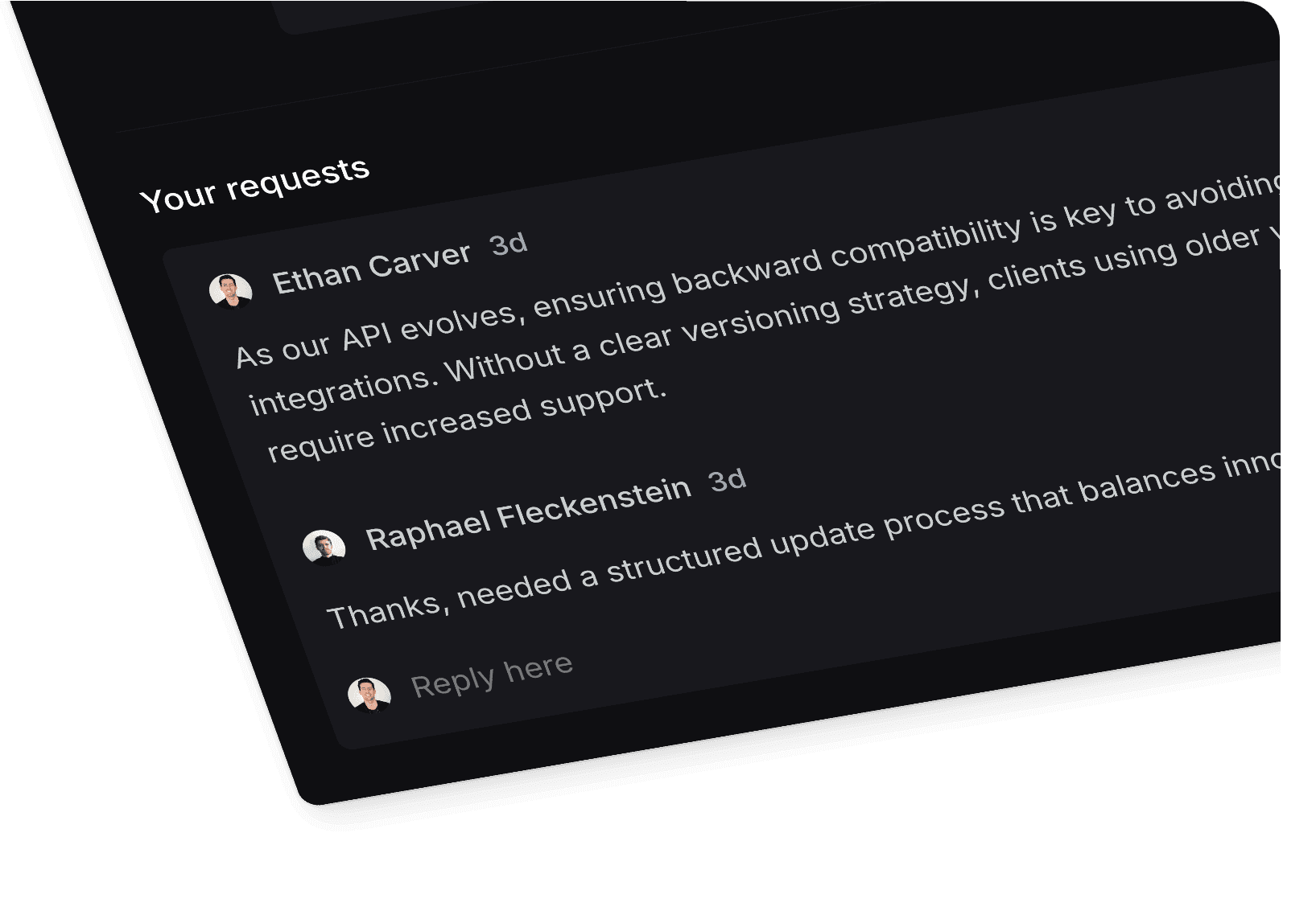 Reply thread showing customer request and team response